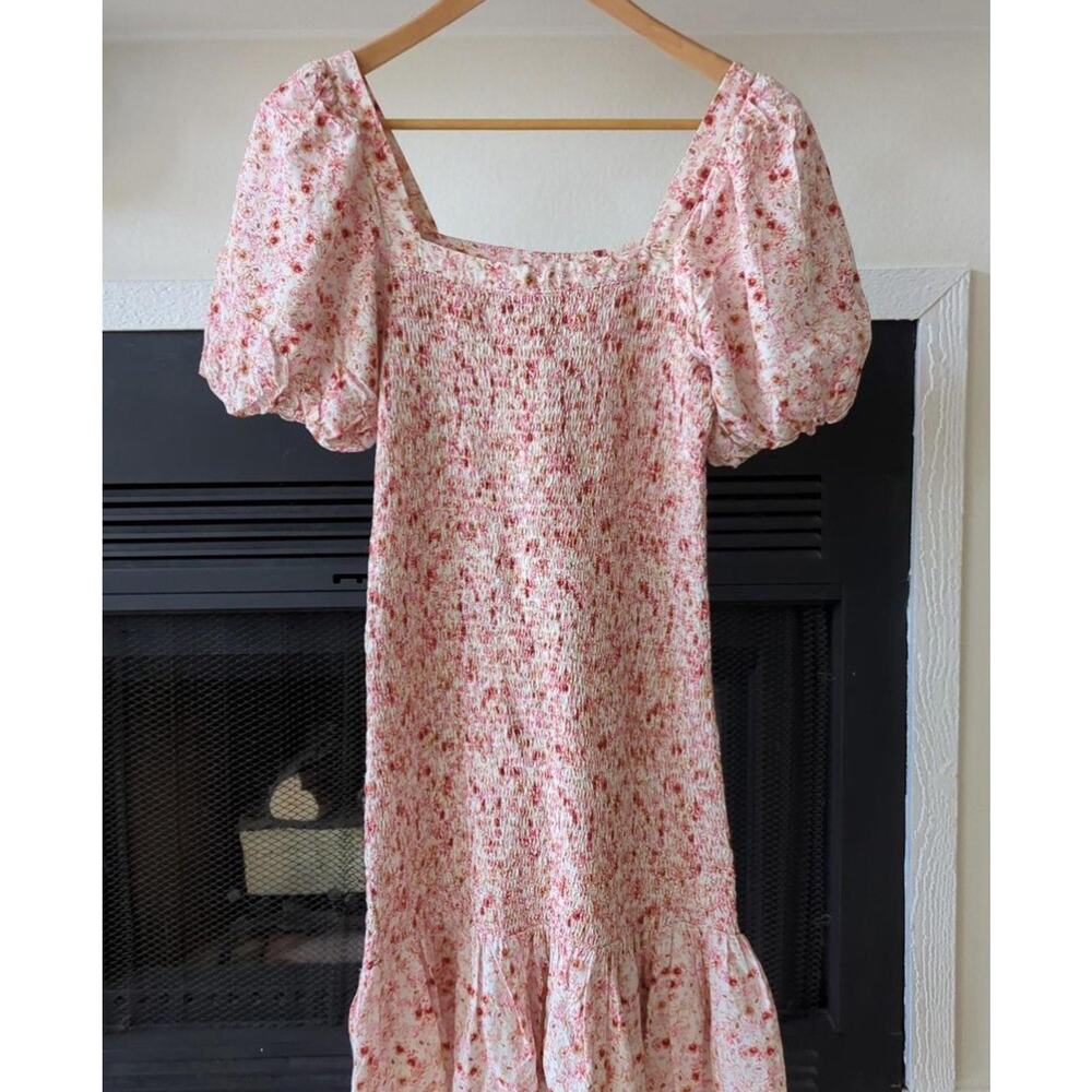 Anthropologie Another Love Floral Smocked Mini Dress M Pink Ruffle CottageCore
